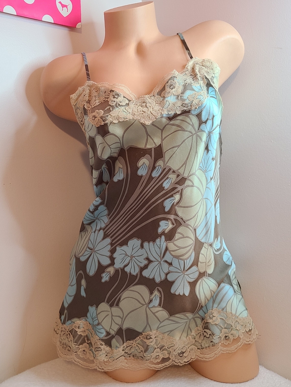 VTG NY&CO 100% Silk & Lace Floral Print Camisole Size Sm Brown & Blue - Picture 2 of 8